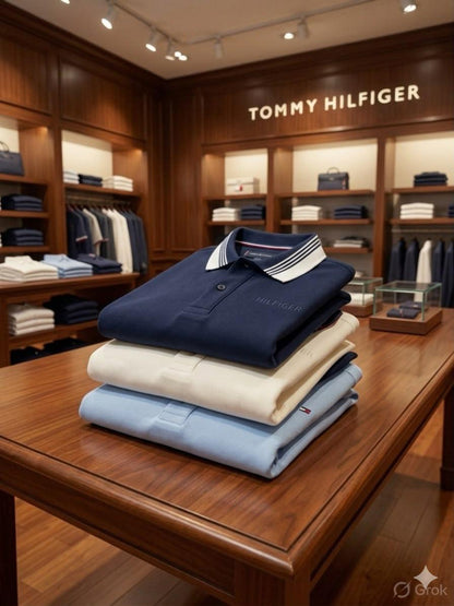 Premium Tommy Kids designer polo T-shirts with jacquard collars in white, navy blue, and sky blue
