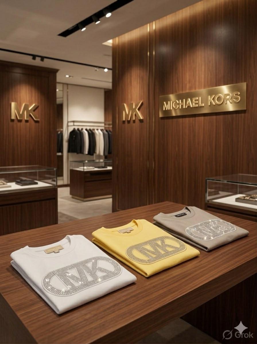 Michael Kors Kids premium rhinestone logo T-shirts in grey, white, and yellow
