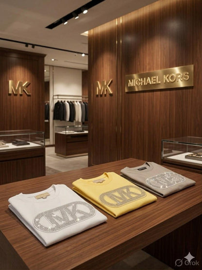 Michael Kors Kids premium rhinestone logo T-shirts in grey, white, and yellow
