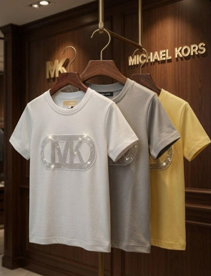 Designer-inspired Michael Kors Kids Lycra T-shirts with imported stone work in grey, white, and yellow

