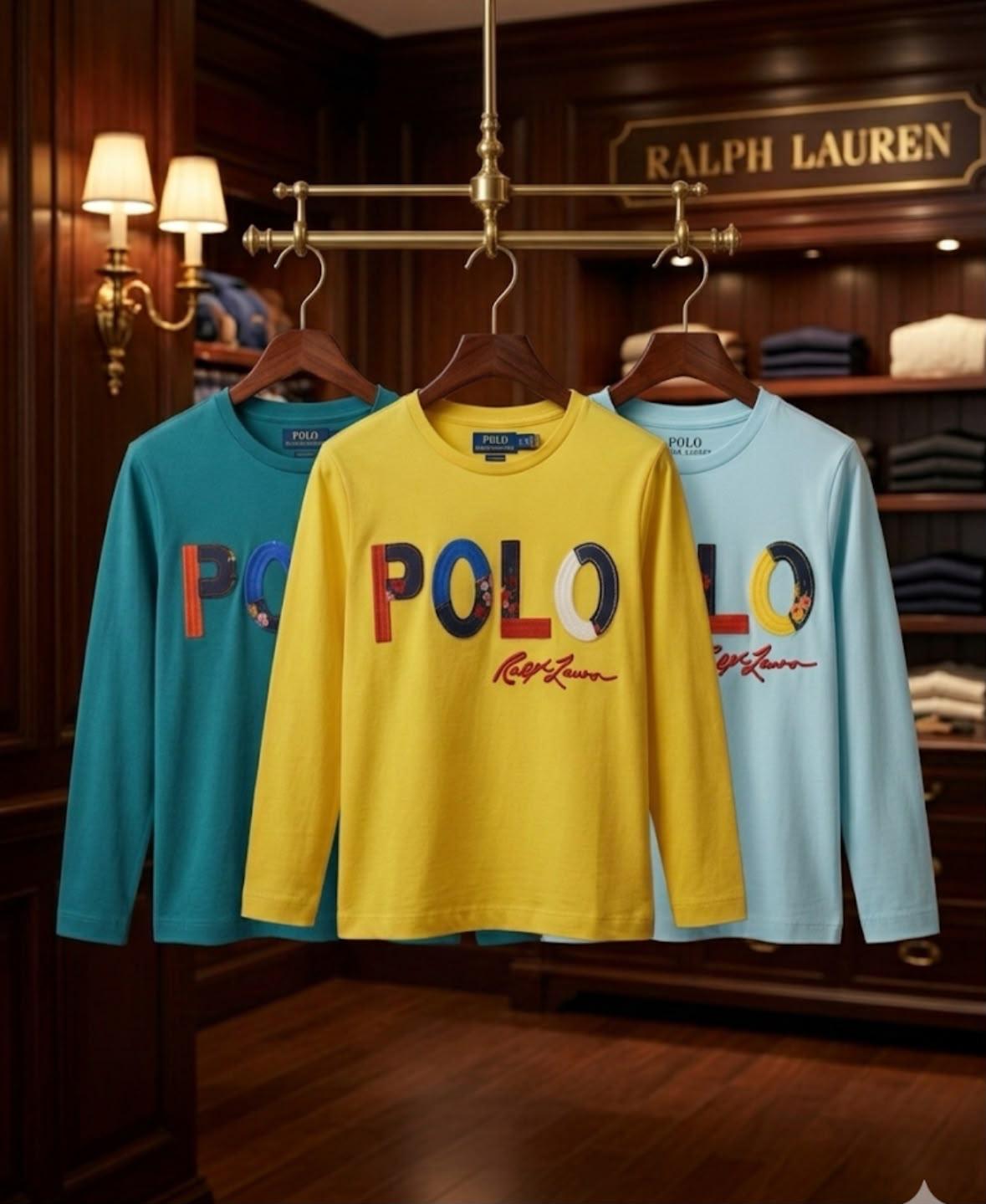 Premium Ralph Lauren Kids 200 GSM Lycra full sleeve T-shirts for boys and girls in sky blue, yellow, and green
