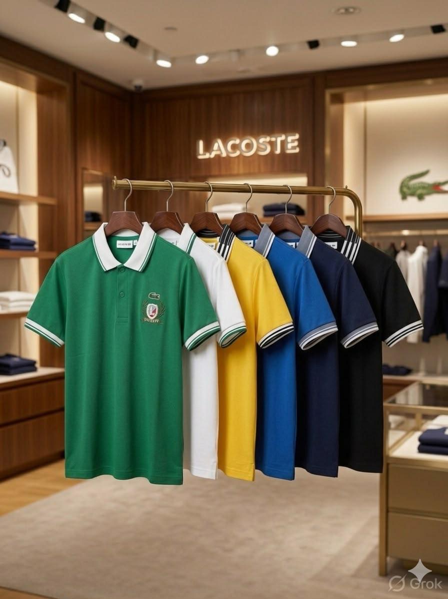 Lacoste Kids premium Power Lycra polo T-shirts in white, navy blue, black, blue, yellow, and green
