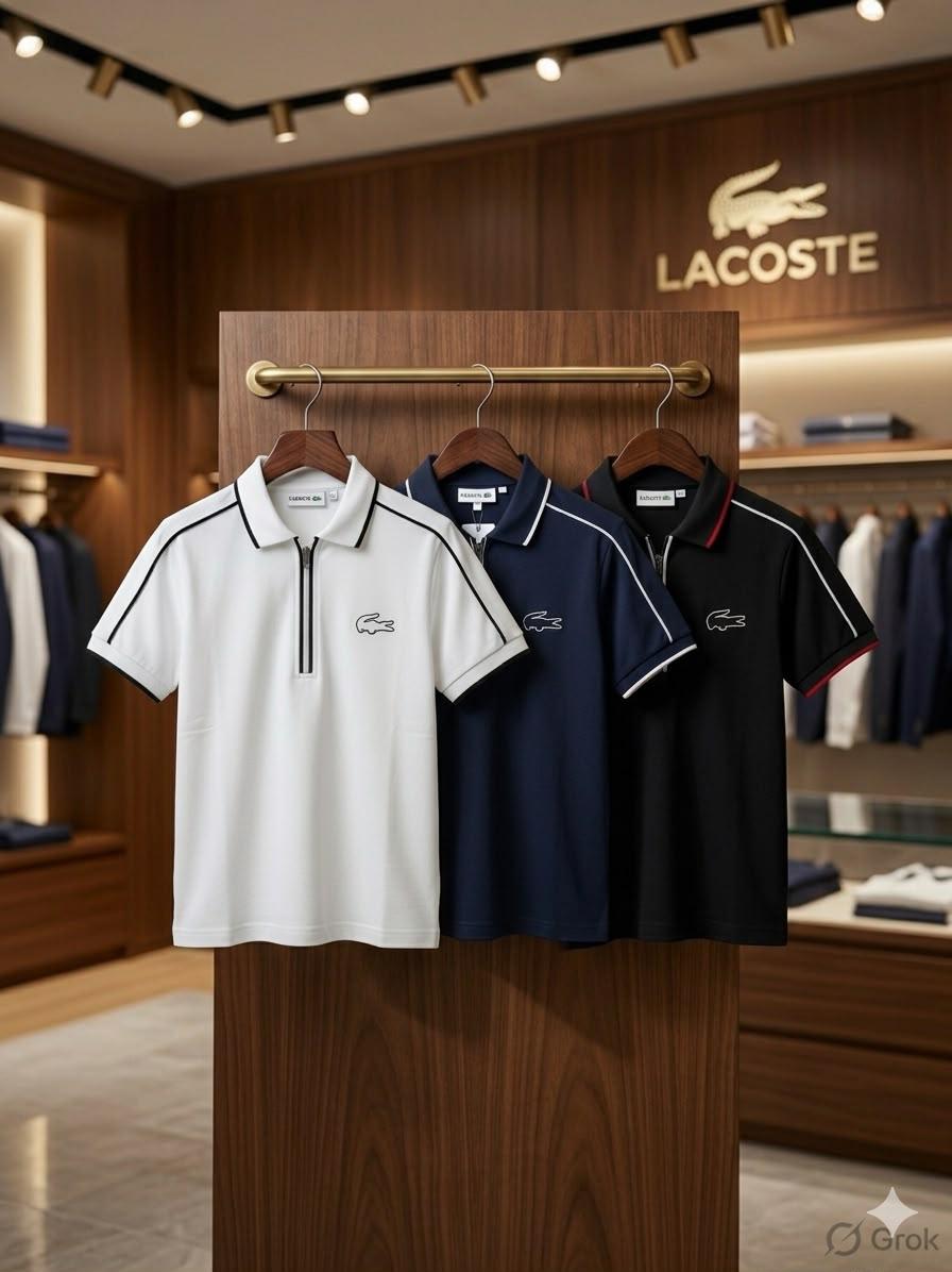 Lacoste Kids premium Power Lycra polo T-shirts in white, navy, and black
