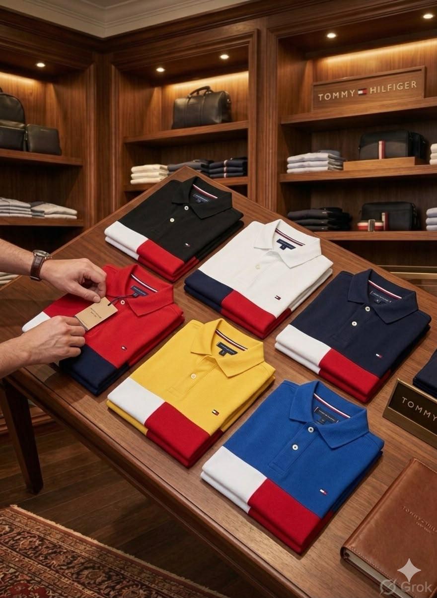 Tommy Hilfiger Kids premium cotton polo T-shirts in red, blue, yellow, black, navy blue, and white
