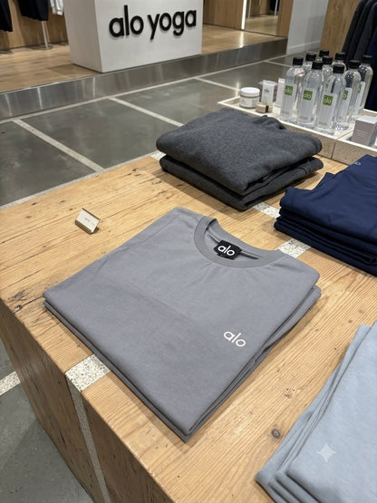 ALO Grey Tee – Worn by Model Closeup	