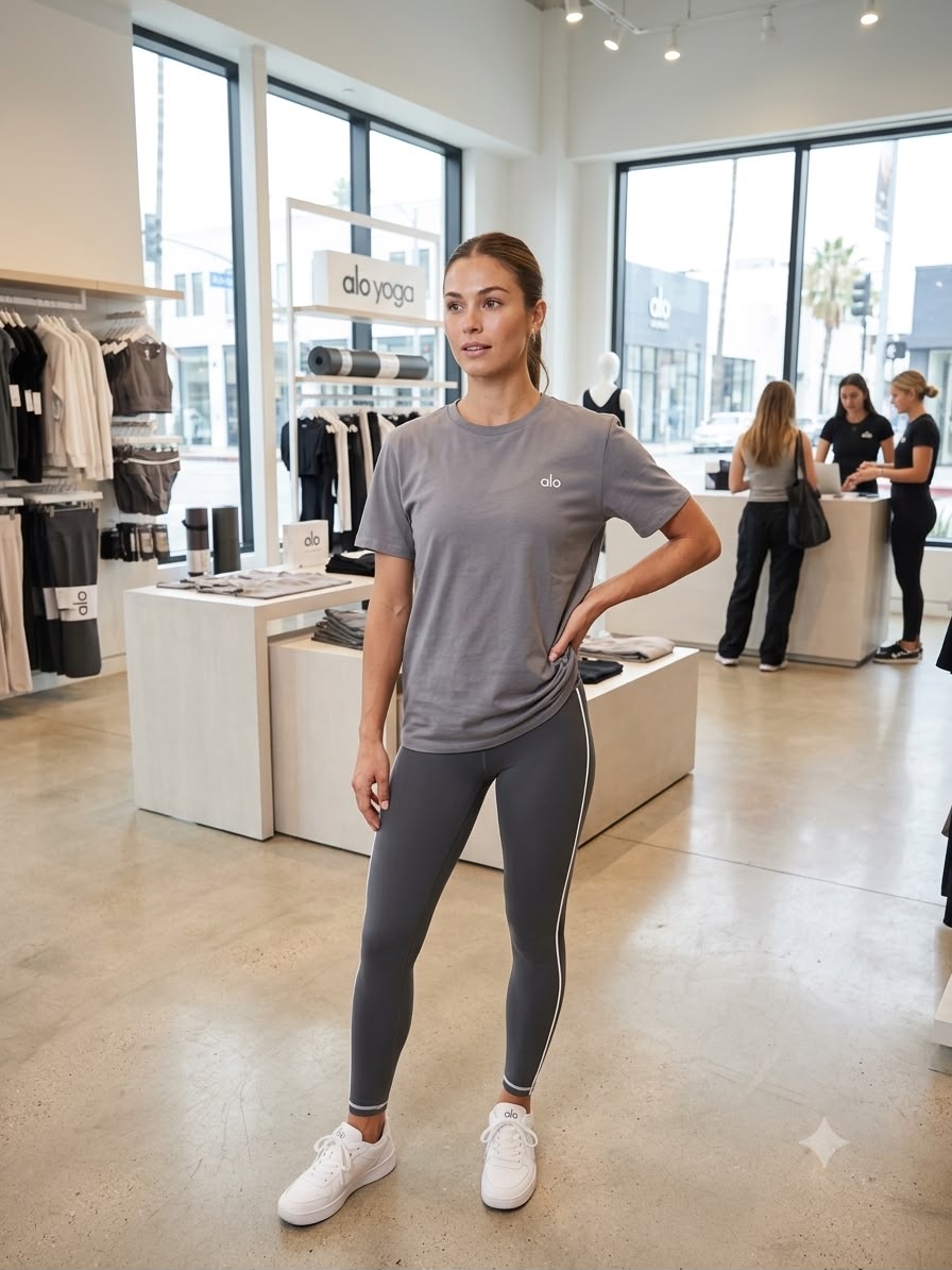 ALO Grey Tee – Worn by Model Distance Shot
