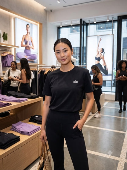 ALO Black Tee – Worn by Model Distance Shot
