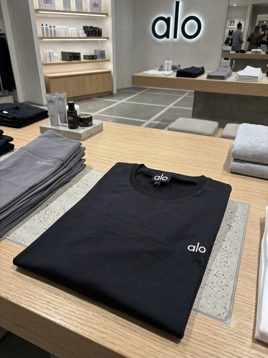 ALO Black Tee – Worn by Model Closeup	