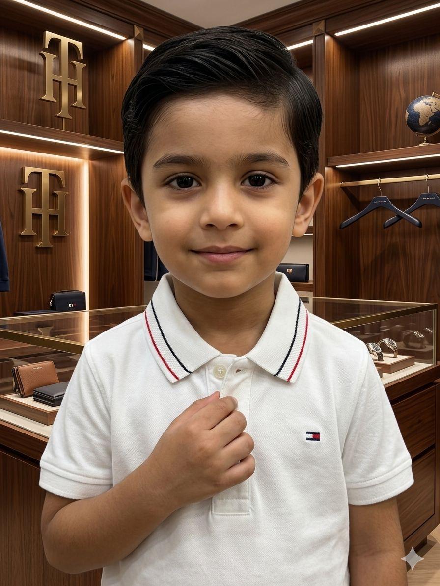 Tommy Kids White T-Shirt – Jacquard Collar Close-up	