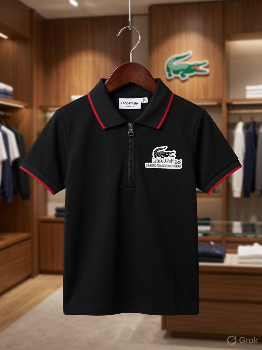 Lacoste Kids Power Lycra Polo in Black – Front View	