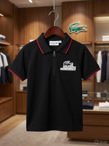 Lacoste Kids Power Lycra Polo in Black – Front View	