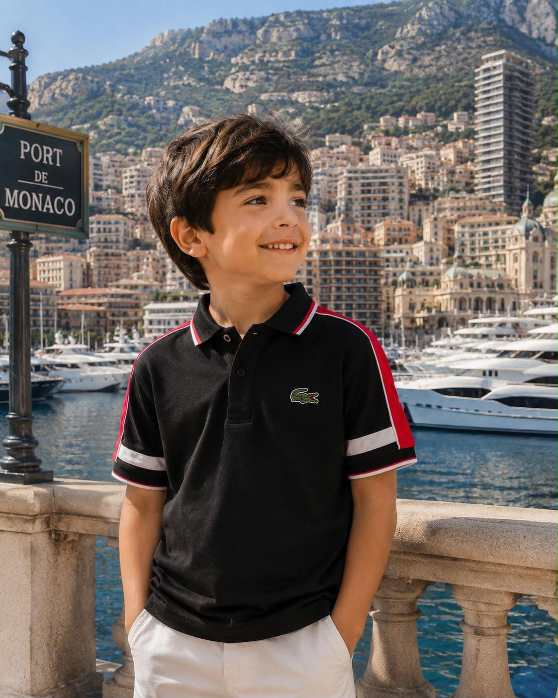 Lacoste Kids Power Lycra Polo in Black – Front View	