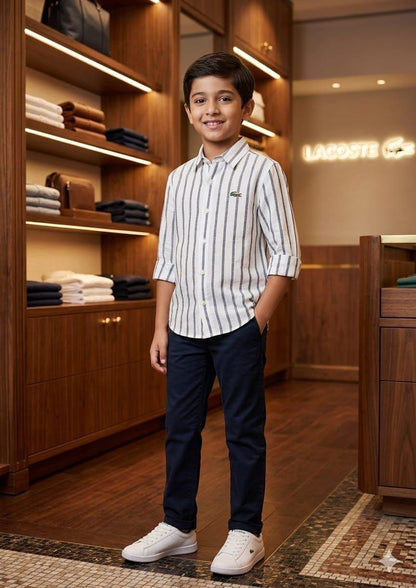 Lacoste Kids White Linen Shirt – Embossed wearing image. 