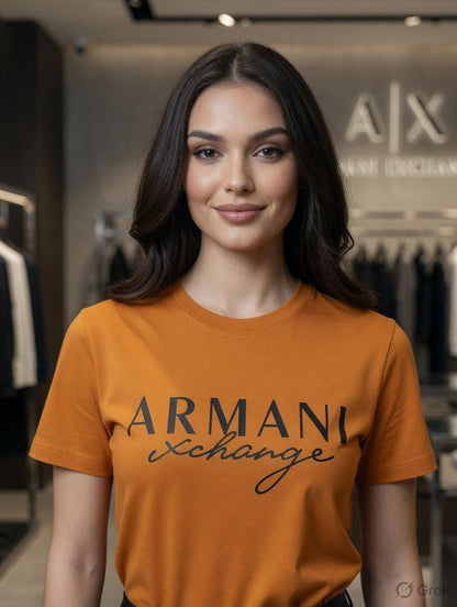 Armani Exchange orange Tee – Worn by Model Closeup	