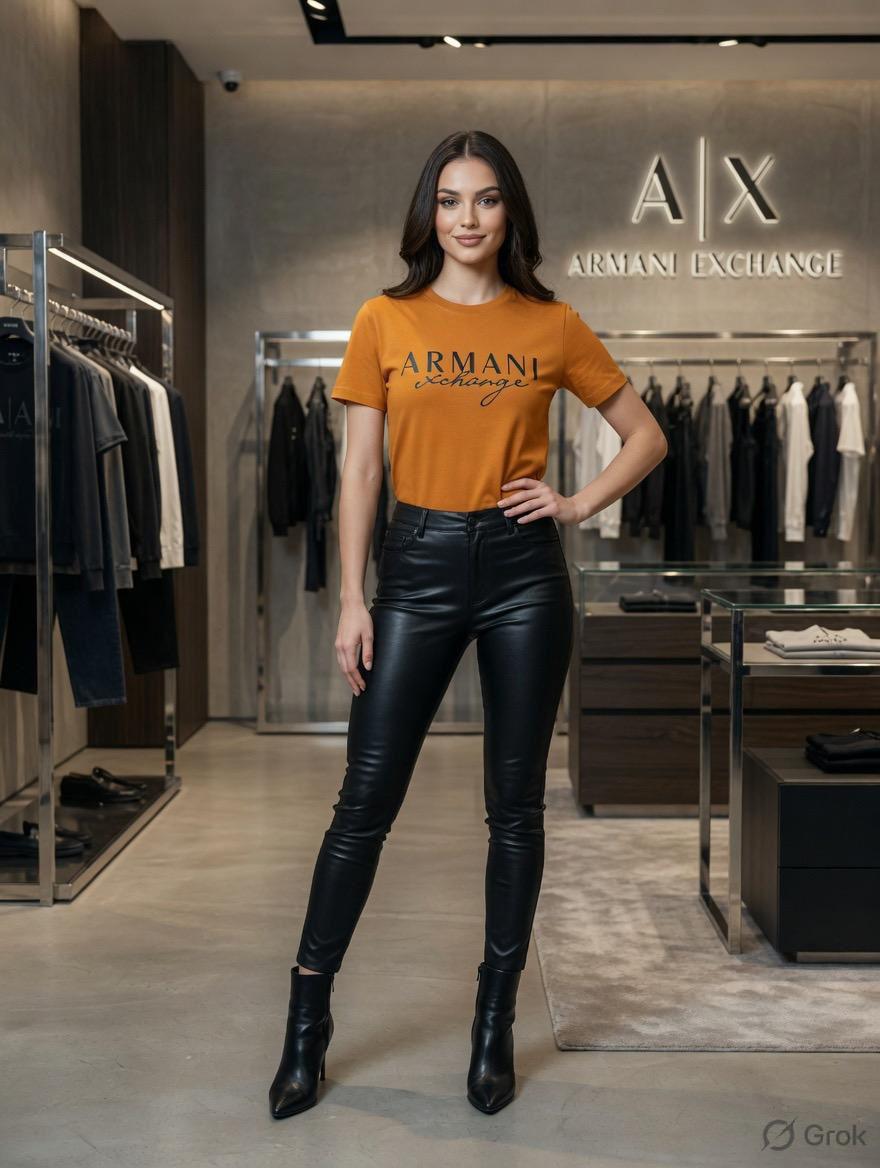Armani Exchange orange Tee – Worn by Model Distance Shot

