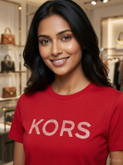 Michael Kors Red Tee – Worn by Model Closeup	