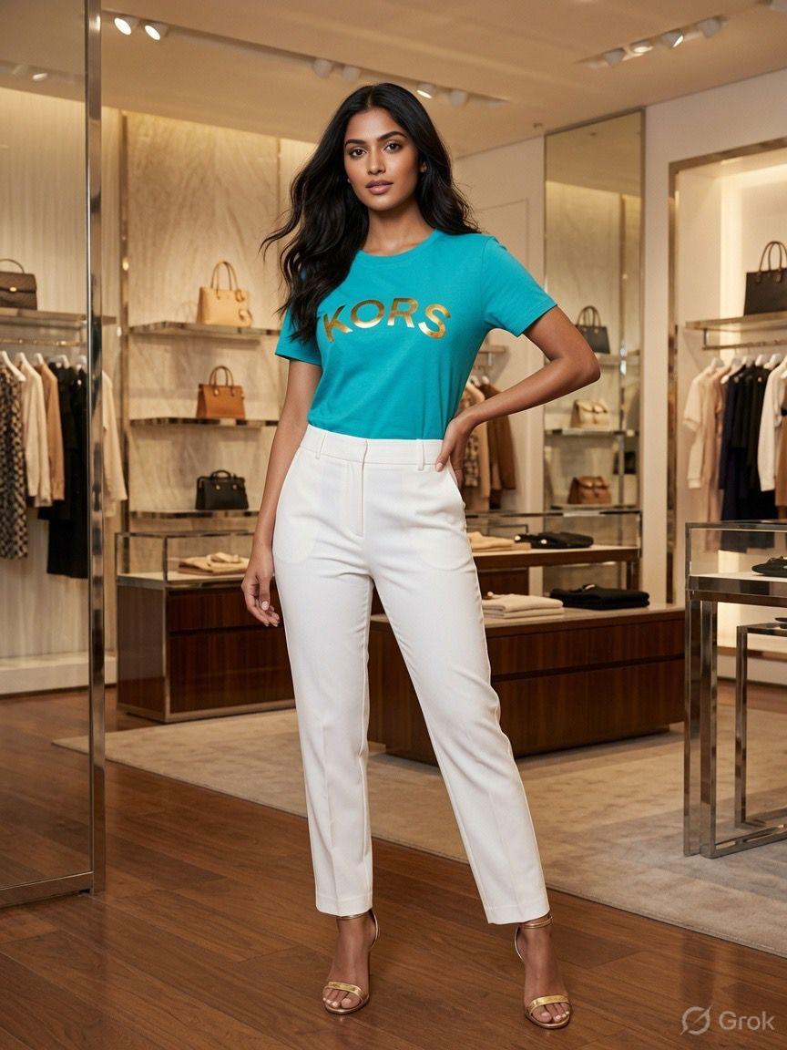 Michael Kors Sky Blue Tee – Worn by Model Distance Shot
