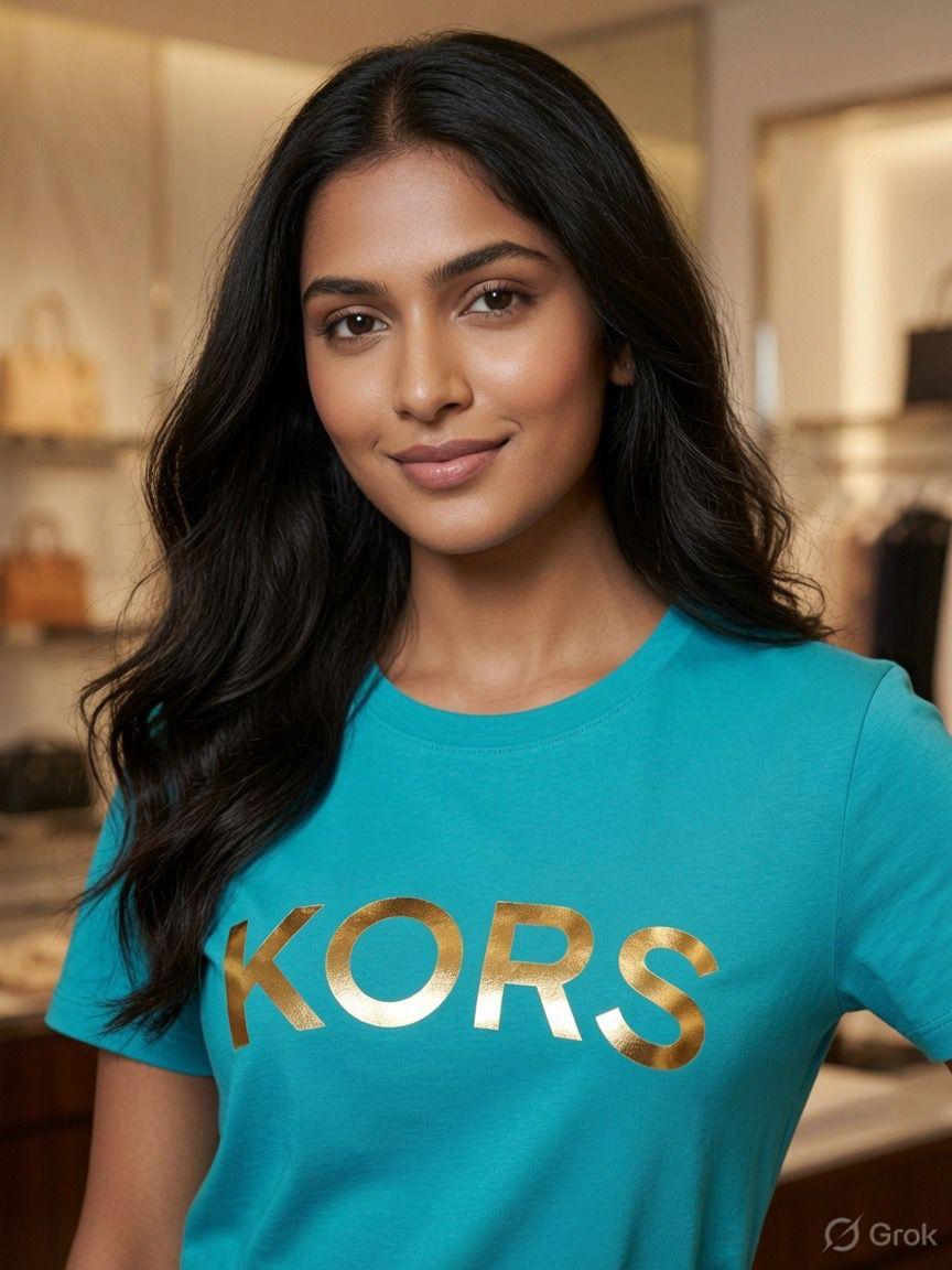 Michael Kors Sky Blue Tee – Worn by Model Closeup	