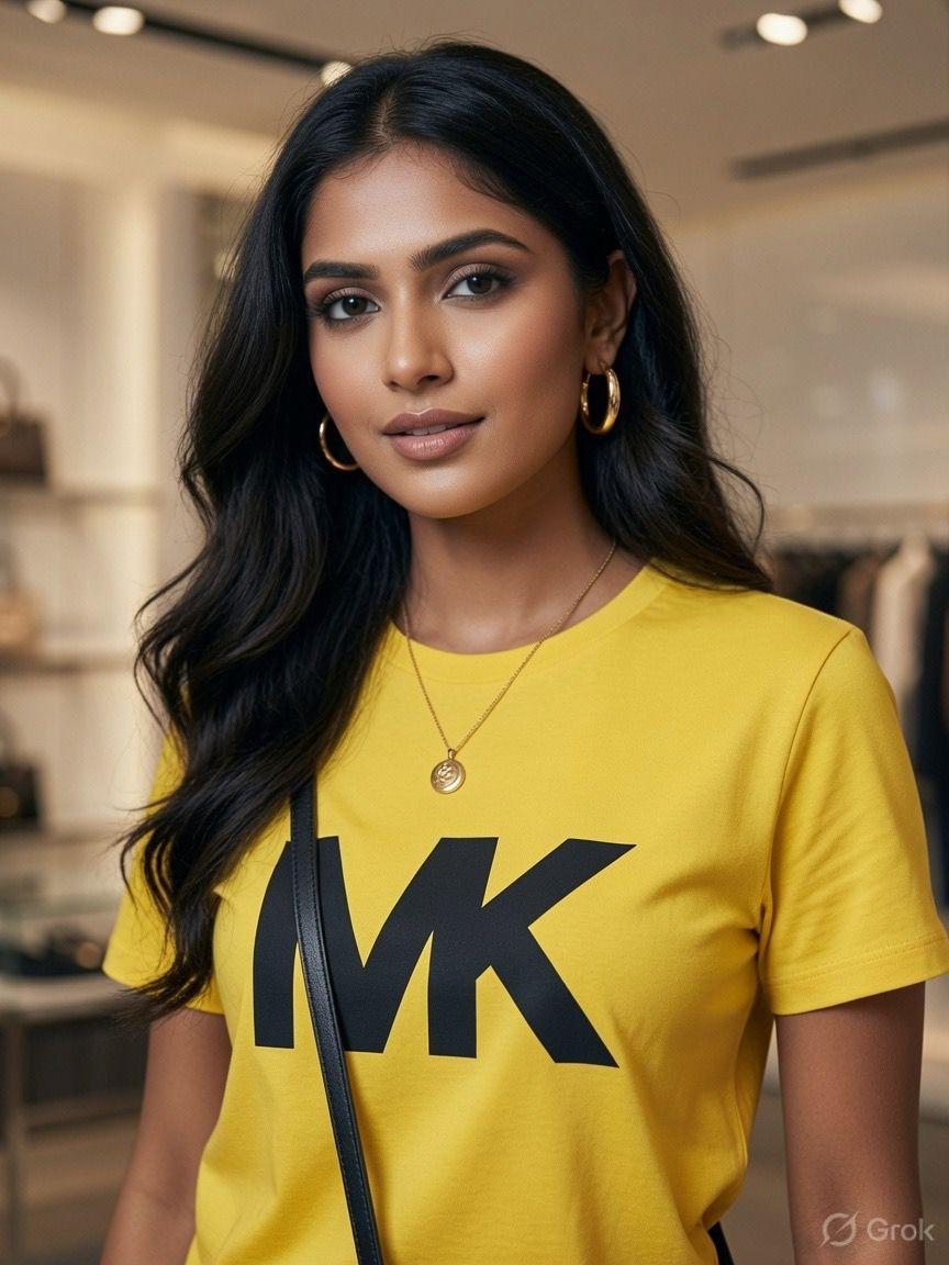 Michael Kors Yellow Tee – Worn by Model Closeup	