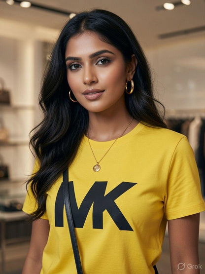 Michael Kors Yellow Tee – Worn by Model Closeup	