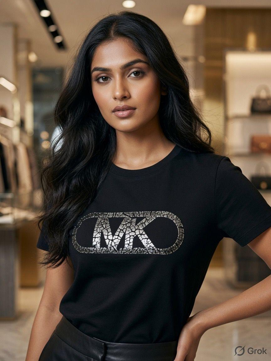 Michael Kors Black Tee – Worn by Model Closeup	