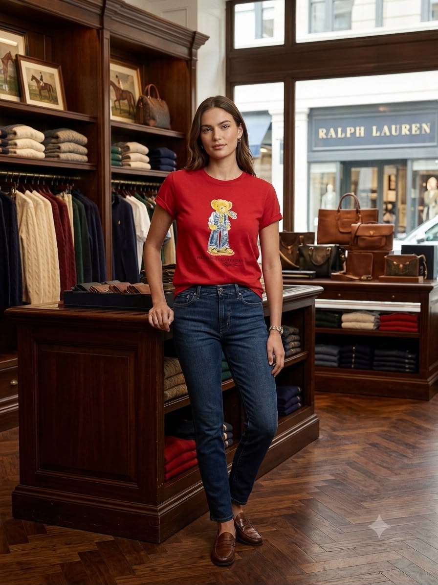 Ralph Lauren Red Tee – Worn by Model Distance Shot

