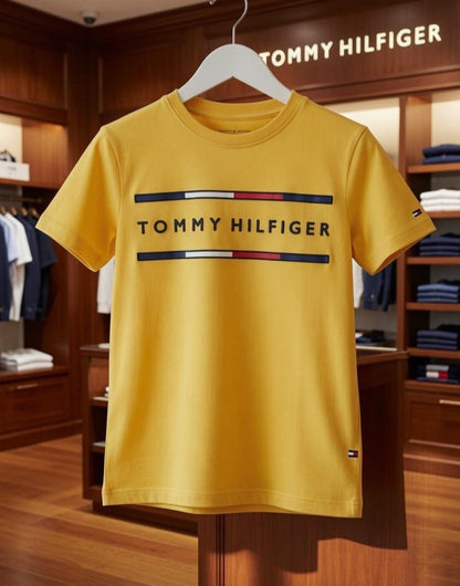 Tommy Hilfiger Kids Round Neck Embossed Logo Tee in Yellow
