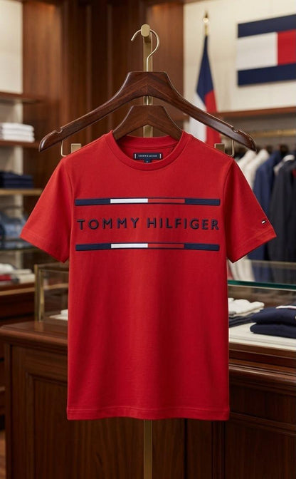 Tommy Hilfiger Kids Round Neck Embossed Logo Tee in Red

