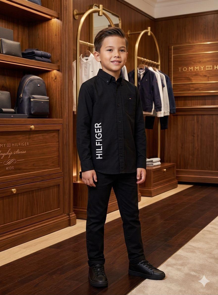 Tommy Hilfiger Kids Cotton Shirt in Black – Neat Trim Detail
