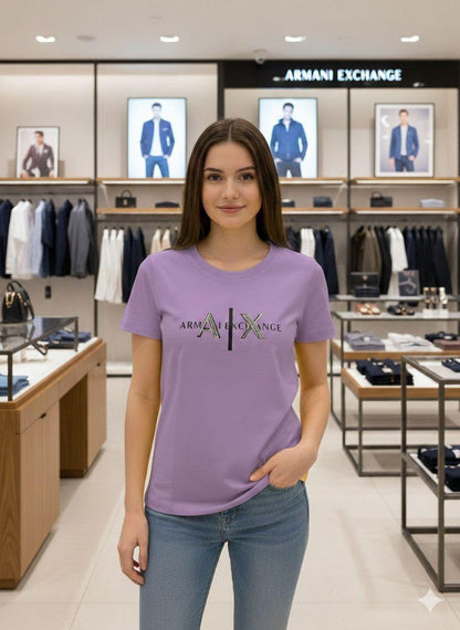 Armani Lilac Tee – Worn by Model Distance Shot
