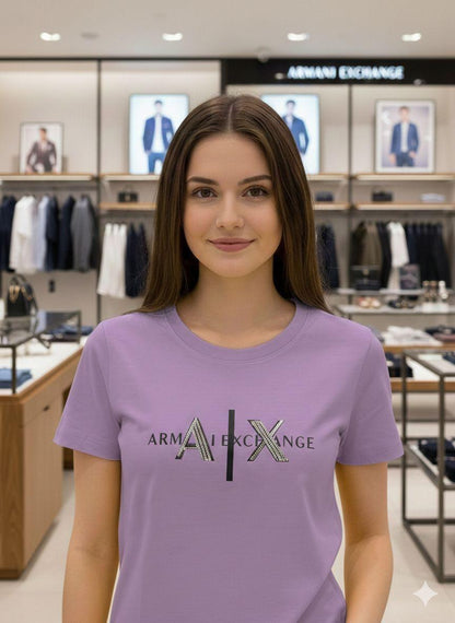 Armani Lilac Tee – Worn by Model Closeup	