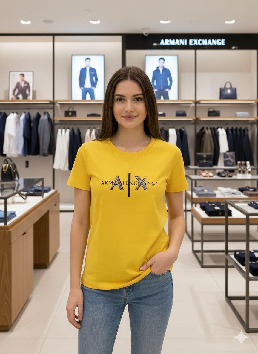 Armani Yellow Tee – Worn by Model Distance Shot
