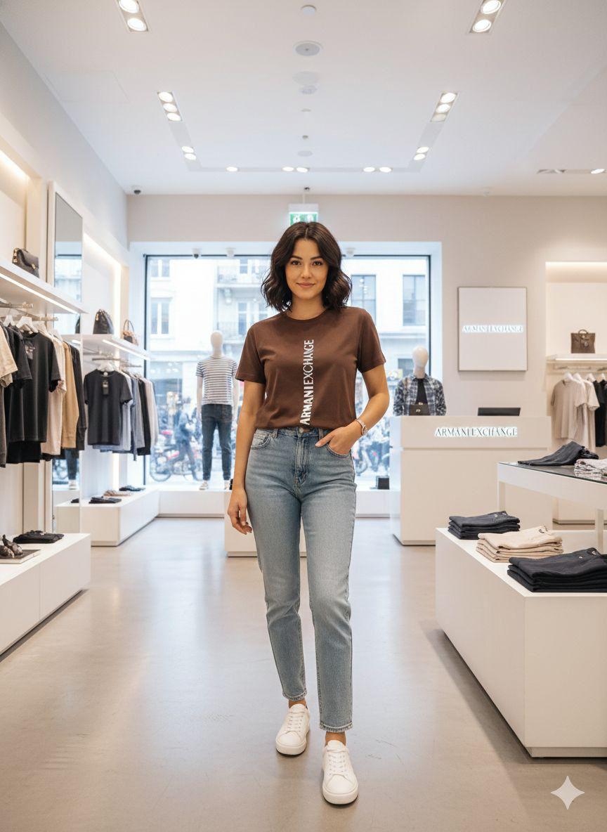 Armani Brown Tee – Worn by Model Distance Shot
