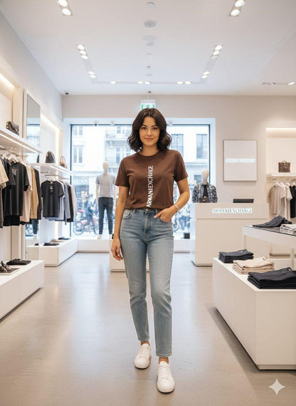 Armani Brown Tee – Worn by Model Distance Shot

