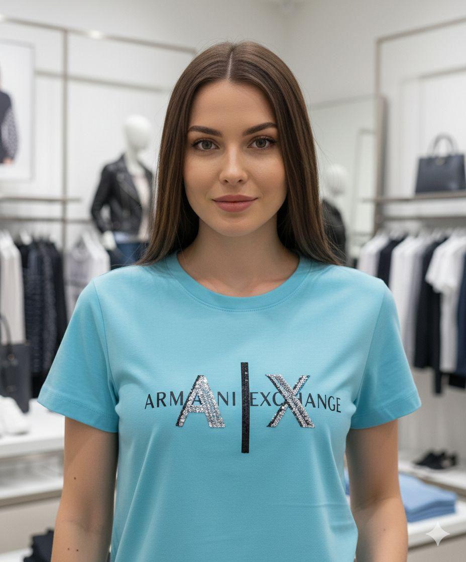 Armani Sky Blue Tee – Worn by Model Closeup	