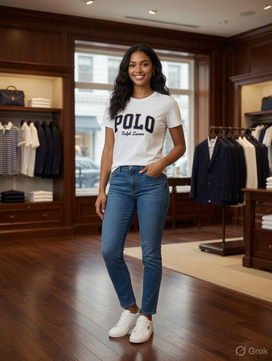 Ralph Lauren White Tee – Worn by Model Distance Shot
