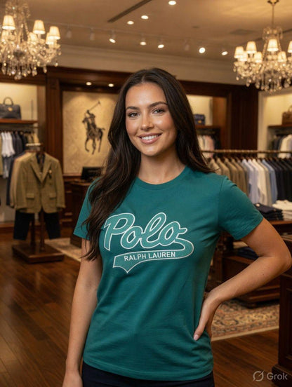 Ralph Lauren Teal Blue Tee – Worn by Model Distance Shot
