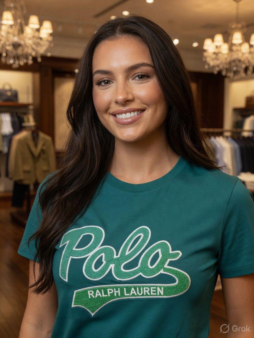 Ralph Lauren Teal Blue Tee – Worn by Model Closeup	