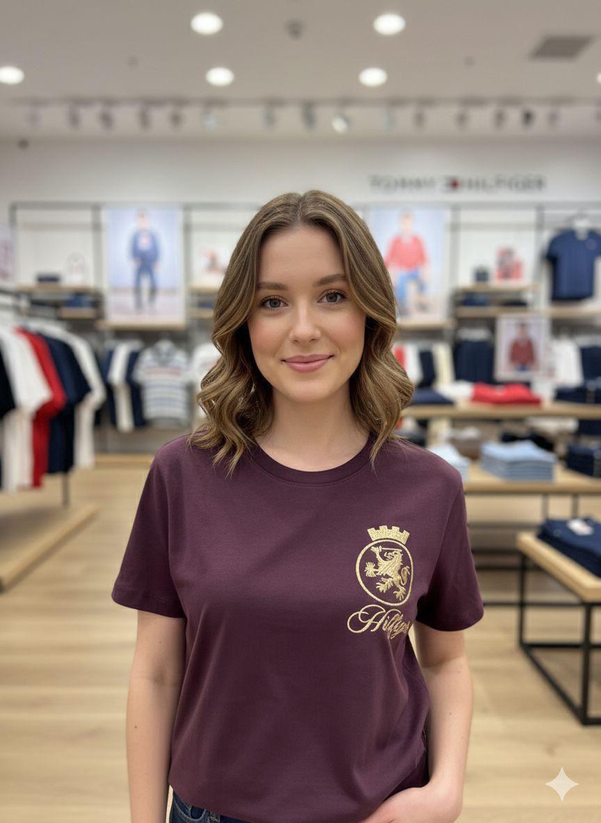 Tommy Wine Tee – Worn by Model Closeup	
