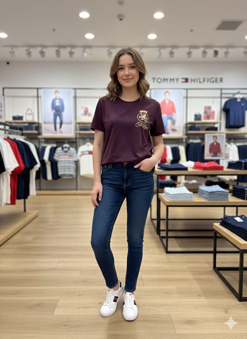 Tommy Wine Tee – Worn by Model Distance Shot
