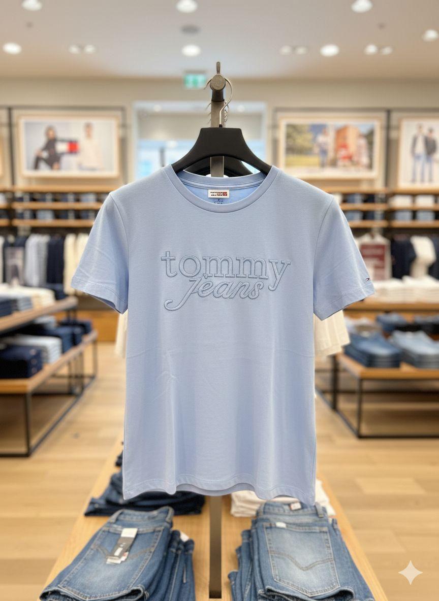 Tommy Women's Relaxed Fit Lycra Tee in Sky Blue – Product Shot	