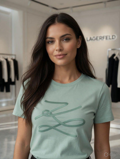 Karl Lagerfeld Pista Green Tee – Worn by Model Closeup	