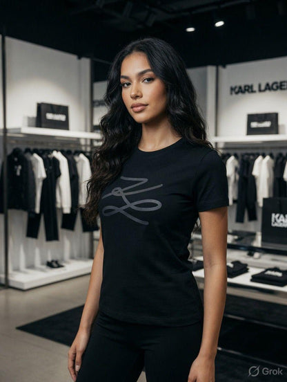 Karl Lagerfeld Black Tee – Worn by Model Closeup	