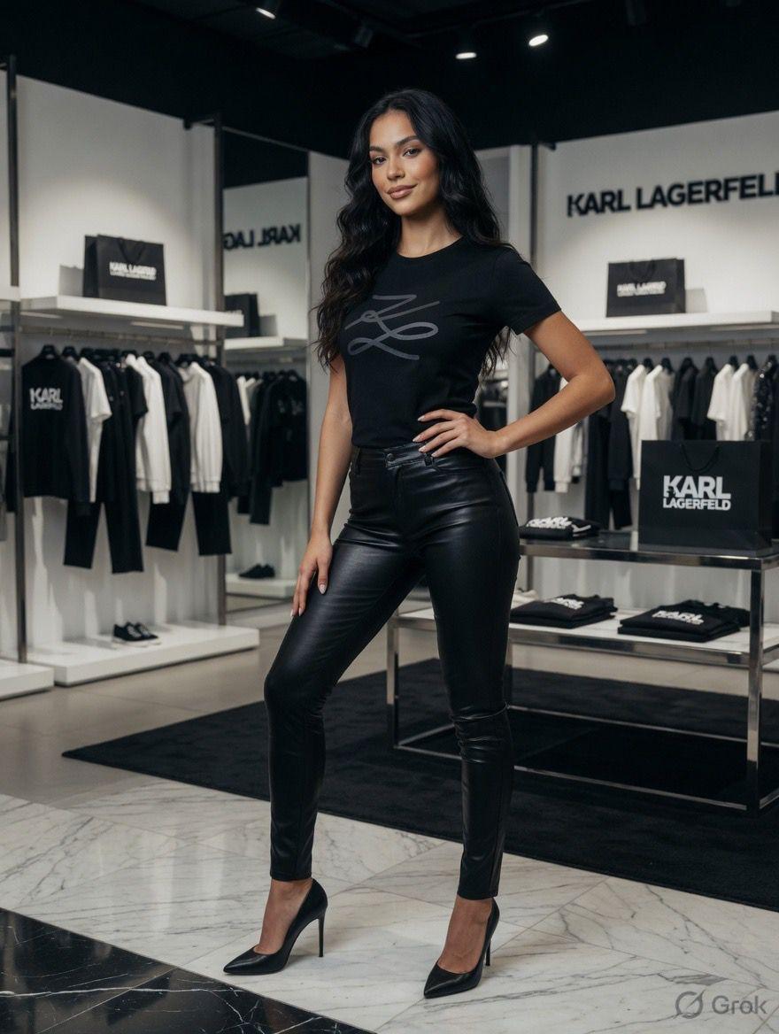 Karl Lagerfeld Black Tee – Worn by Model Distance Shot
