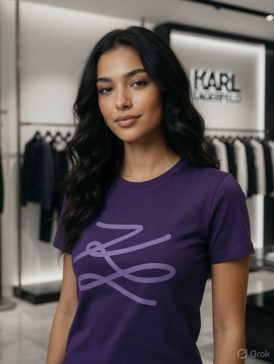 Karl Lagerfeld Purple Tee – Worn by Model Closeup	