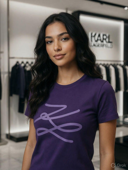 Karl Lagerfeld Purple Tee – Worn by Model Closeup	