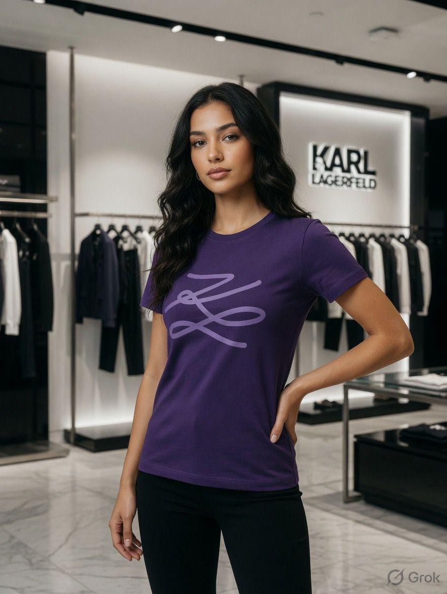 Karl Lagerfeld Purple Tee – Worn by Model Distance Shot
