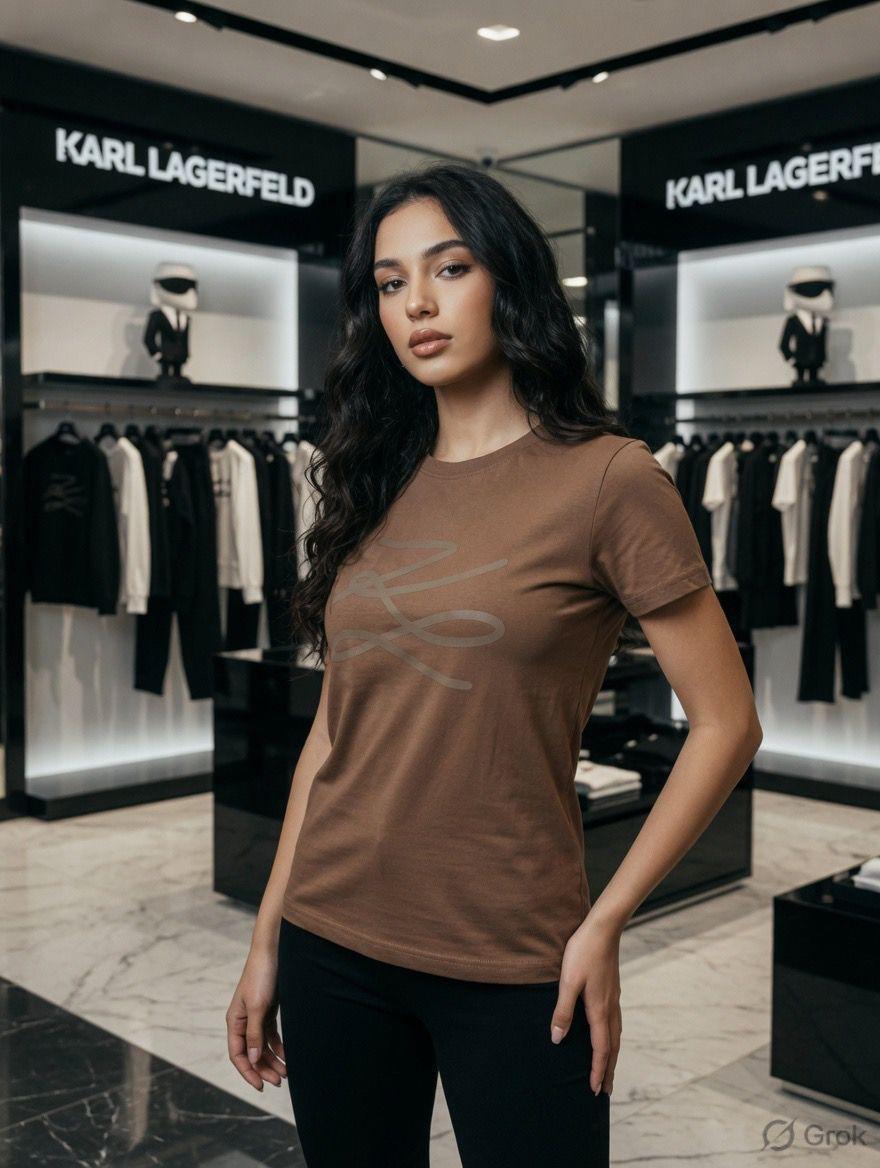 Karl Lagerfeld Brown Tee – Worn by Model Distance Shot

