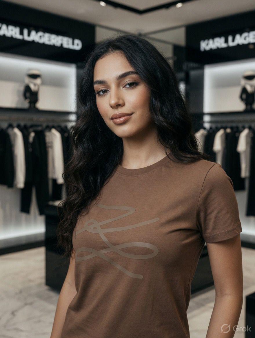 Karl Lagerfeld Brown Tee – Worn by Model Closeup	