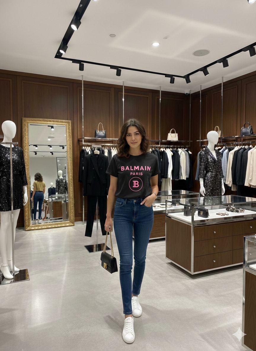 Balmain Black Tee – Worn by Model Distance Shot
